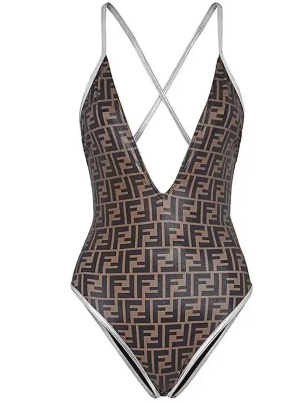 Fendi Brown Monogram One-Piece Swimsuit with Silver Straps Size 4